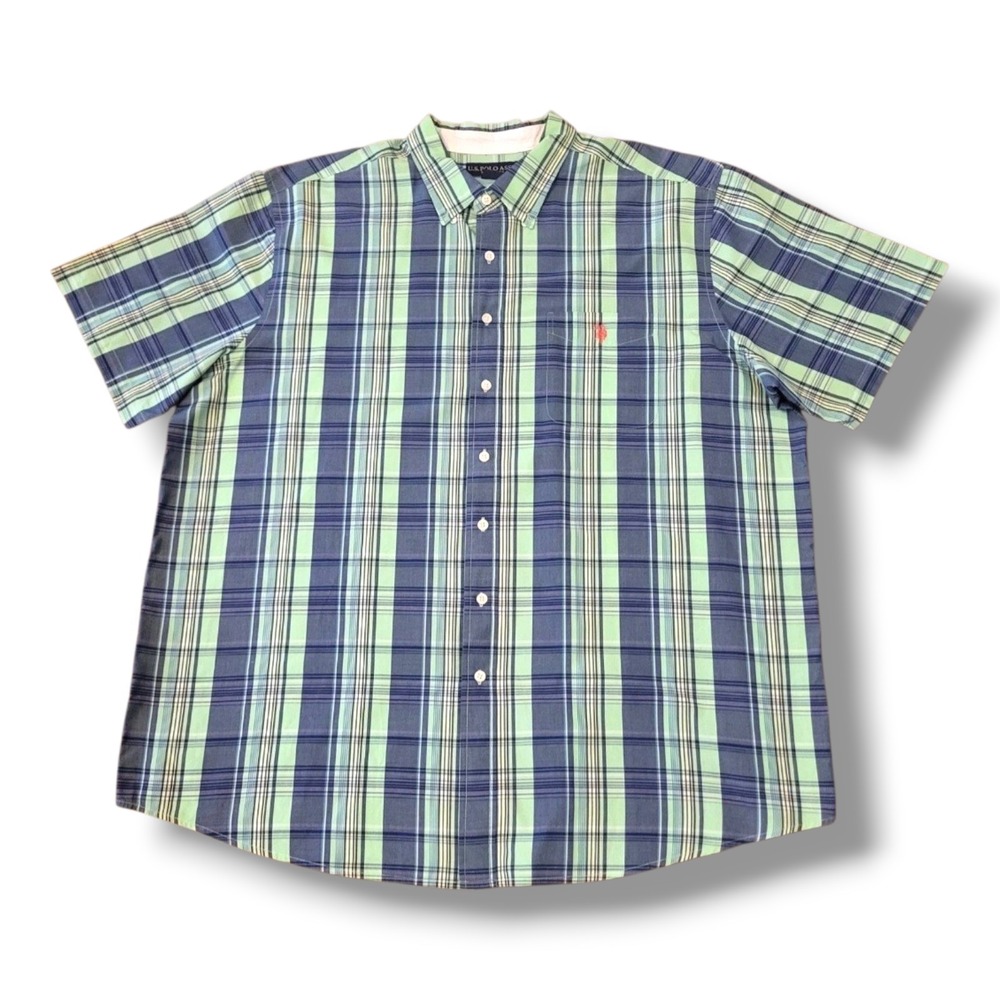 U.S. Polo Assn Green Blue Plaid Stretch Short Sleeve Button Up Shirt Size 2XLT